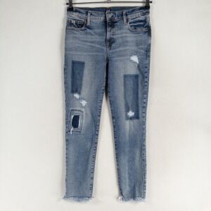 Gap Denim Jeans Womens 27 Blue Distressed Patched Raw Hem Ankle Boho Festival